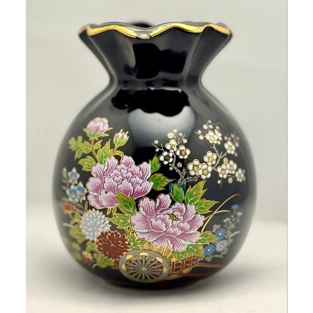 Vintage Bijutsu Toki Japan Black Floral Vase Gold Trim Flower Cart 5.25”